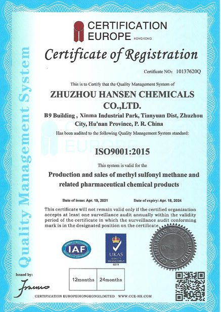 Chine Zhuzhou Hansen Chemicals Co.,Ltd certifications